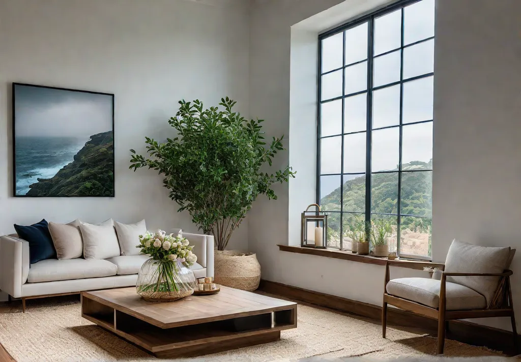 A serene minimalist living room bathed in natural light featuring a reclaimedfeat