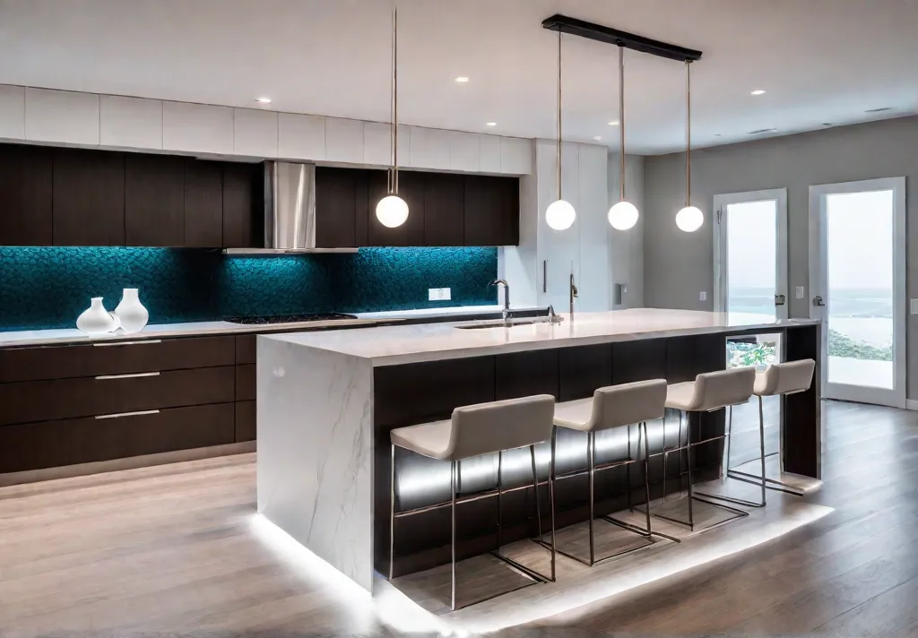 A sleek and minimalist kitchen island with seamless white quartz countertops andfeat