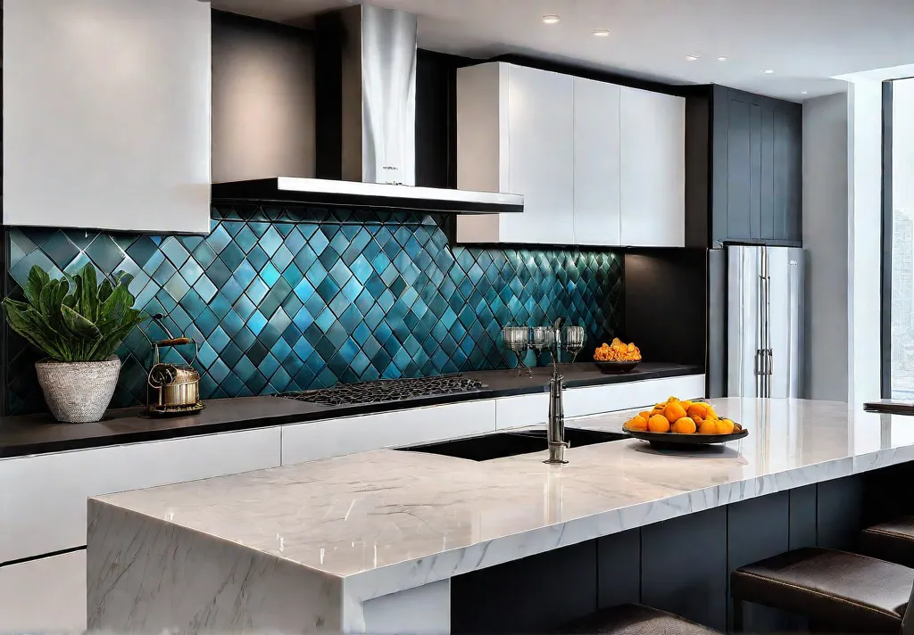 A sleek and modern kitchen featuring undercabinet lighting illuminating the quartz countertopsfeat