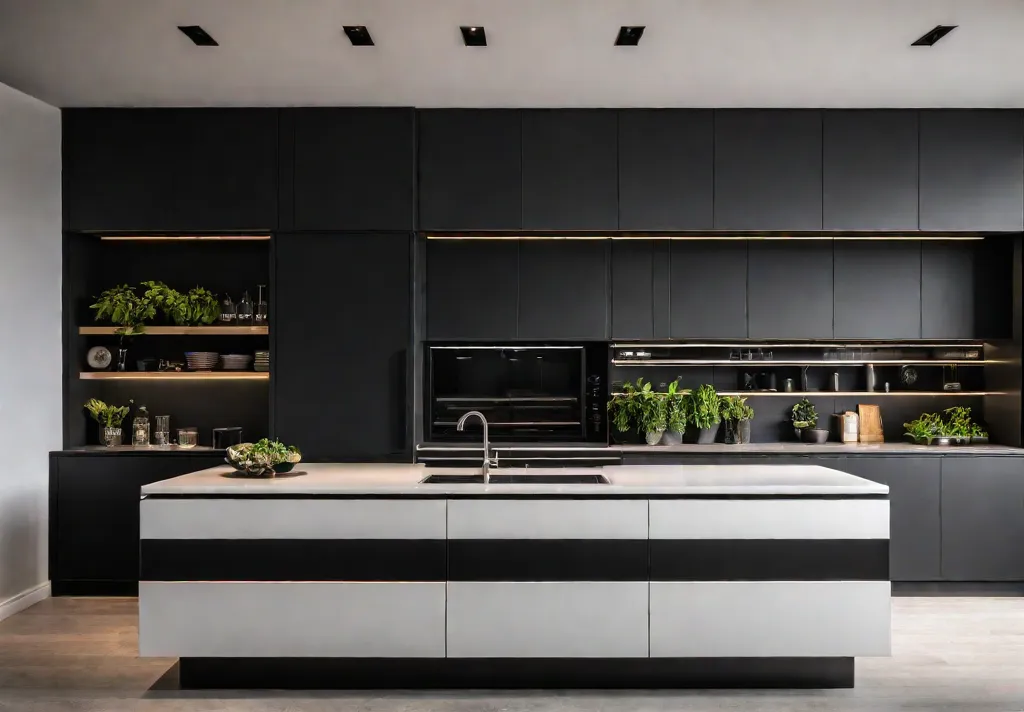 A sleek and modern kitchen with handleless cabinets in a matte blackfeat