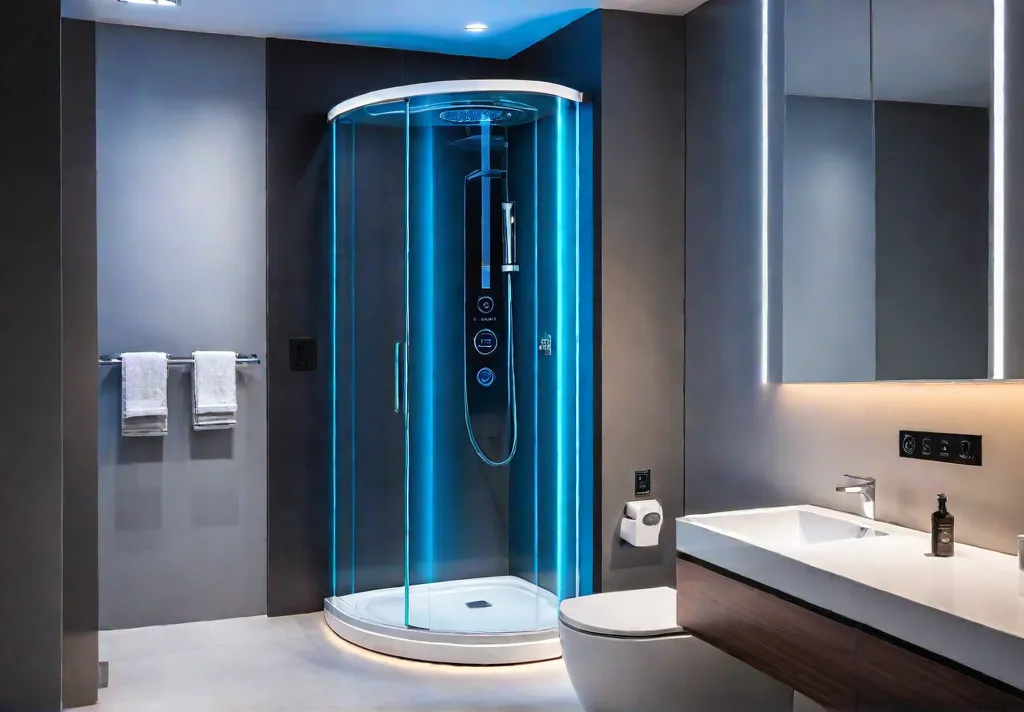 A sleek modern bathroom featuring a smart toilet with integrated bidet andfeat