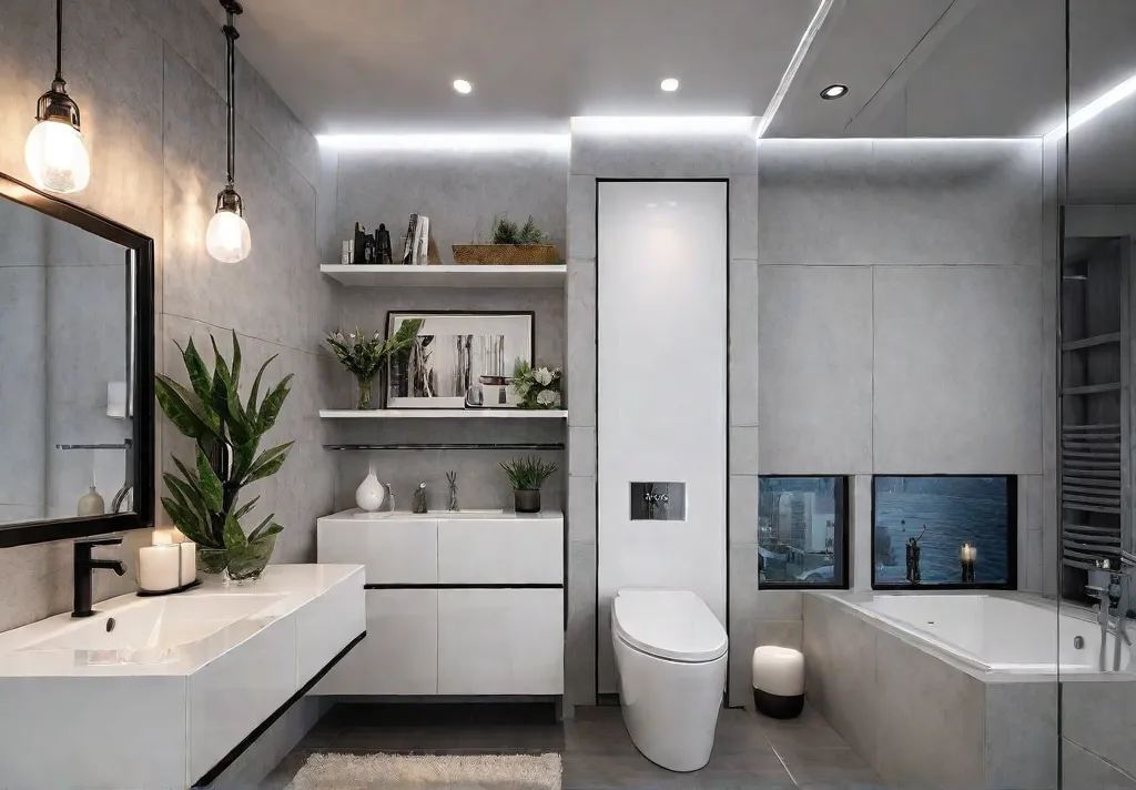 A small bathroom with maximized vertical space featuring wallmounted shelves and anfeat