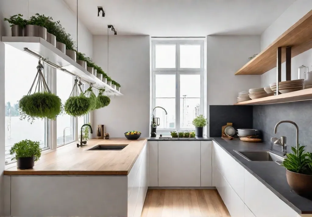 A small bright kitchen with white walls and light wood floors Openfeat