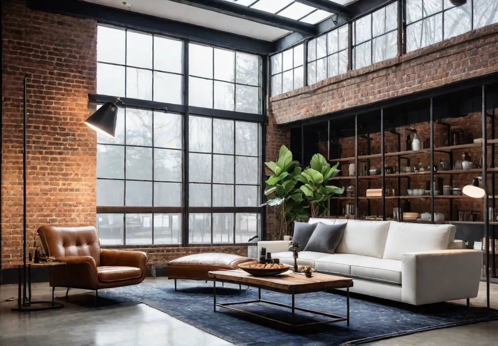 A small industrialstyle living room with exposed brick walls large windows andfeat