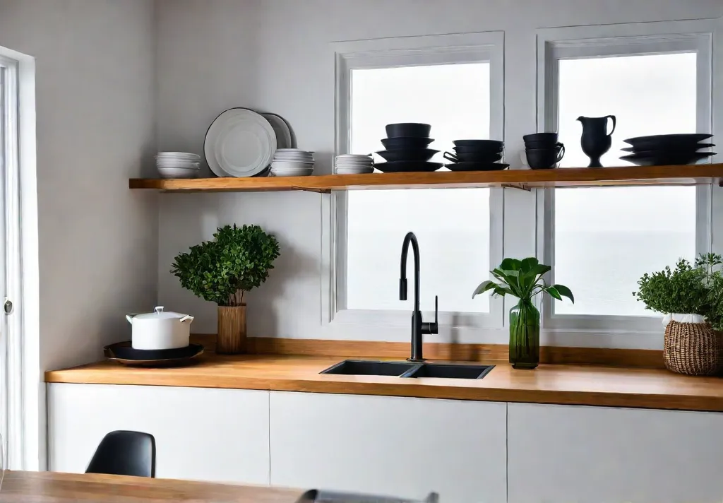 A small kitchen bathed in soft morning sunlight with white cabinets andfeat