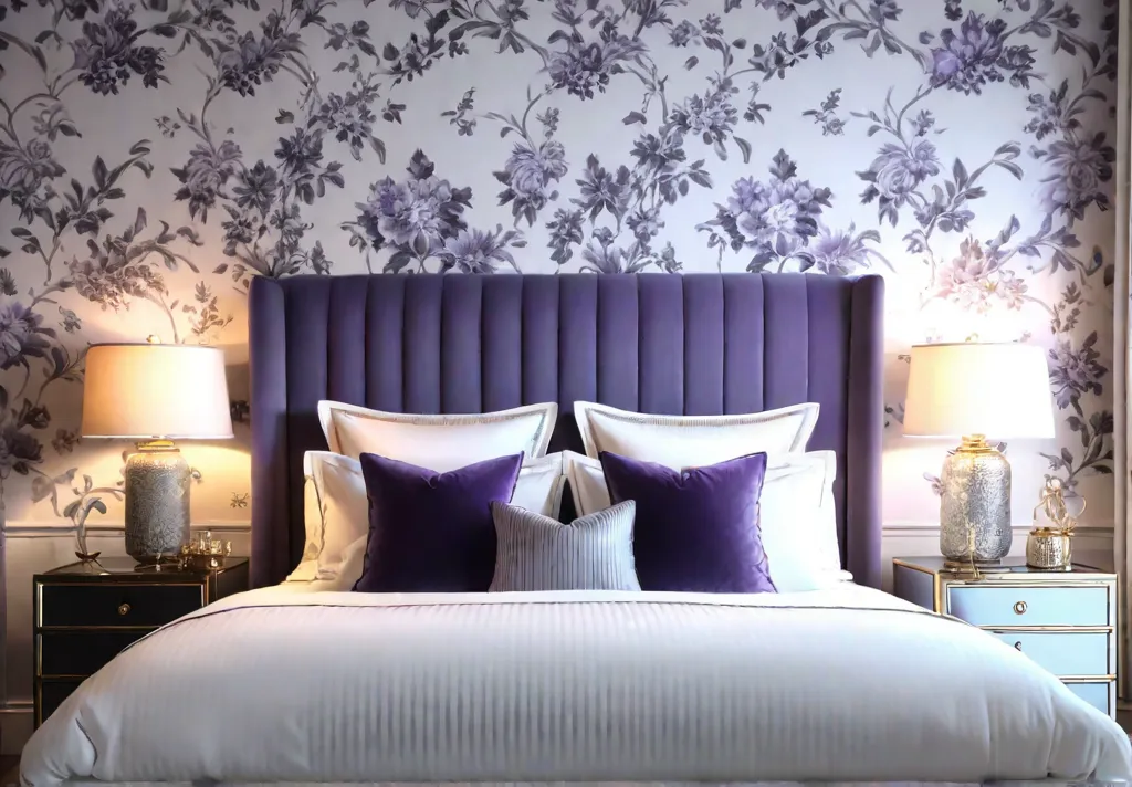 A spacious bedroom with a feature wall adorned with a timeless floralfeat