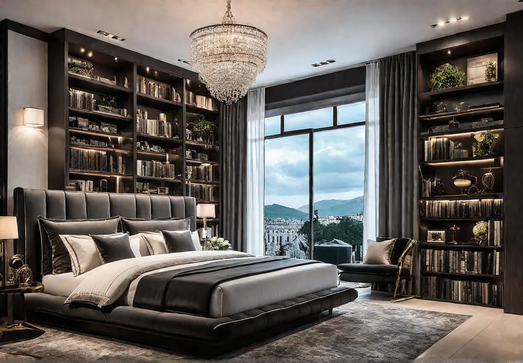 A spacious bedroom with tall floortoceiling shelves filled with books and decorfeat