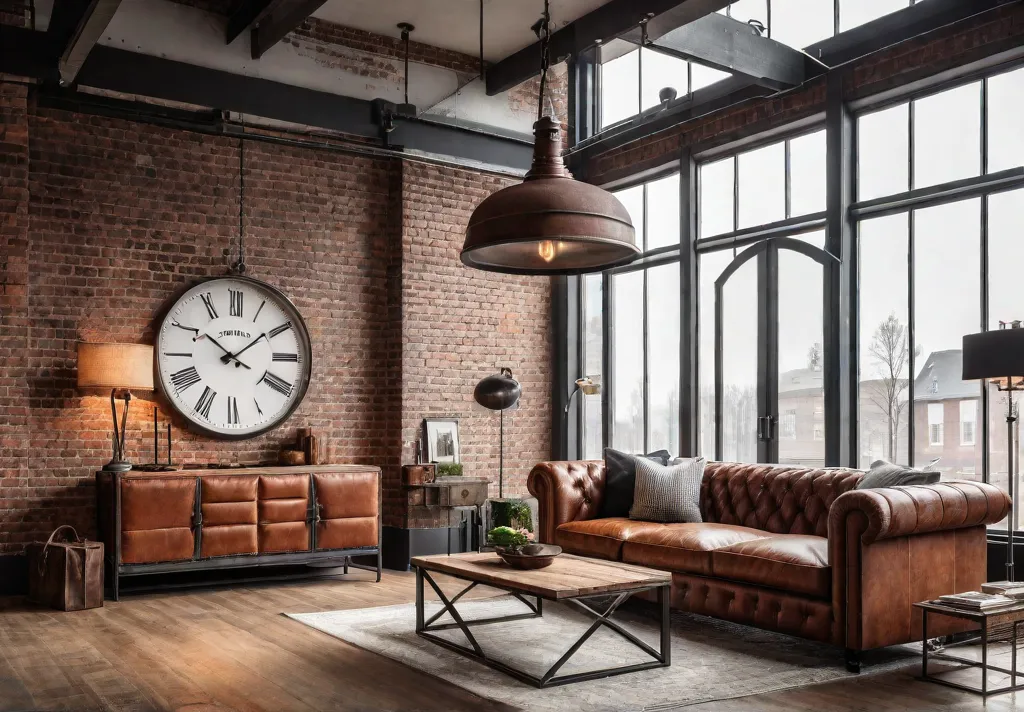 A spacious industrial living room bathed in natural light featuring exposed redfeat