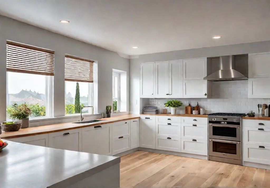 A spacious kitchen bathed in natural light walls painted in a timelessfeat