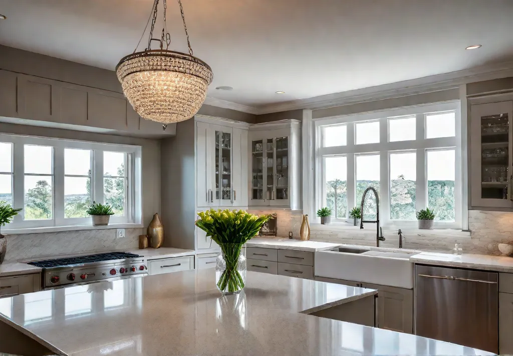 A spacious kitchen bathed in warm creamy neutrals with white cabinets beigefeat