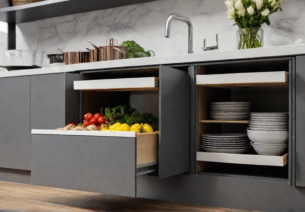 A spacious kitchen with vertical drawer dividers and custom inserts maximizing storagefeat