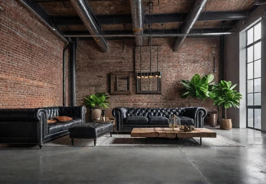 A spacious living room bathed in natural light featuring exposed brick wallsfeat