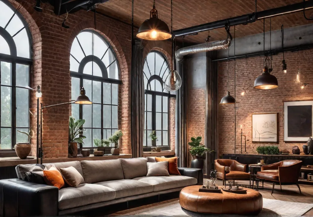 A spacious living room with exposed brick walls and high ceilings bathedfeat