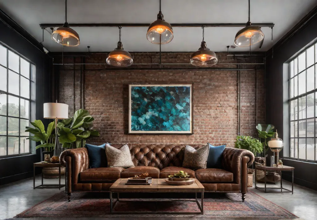 A spacious living room with exposed brick walls and large industrial windowsfeat