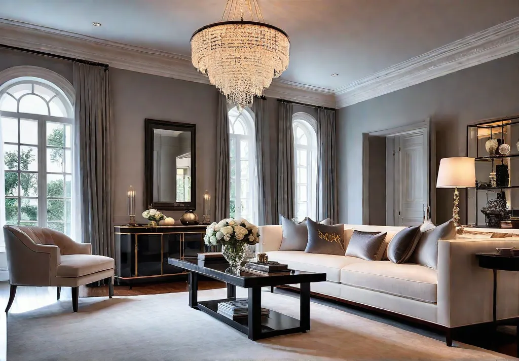 A spacious living room with high ceilings adorned with an elegant crystalfeat