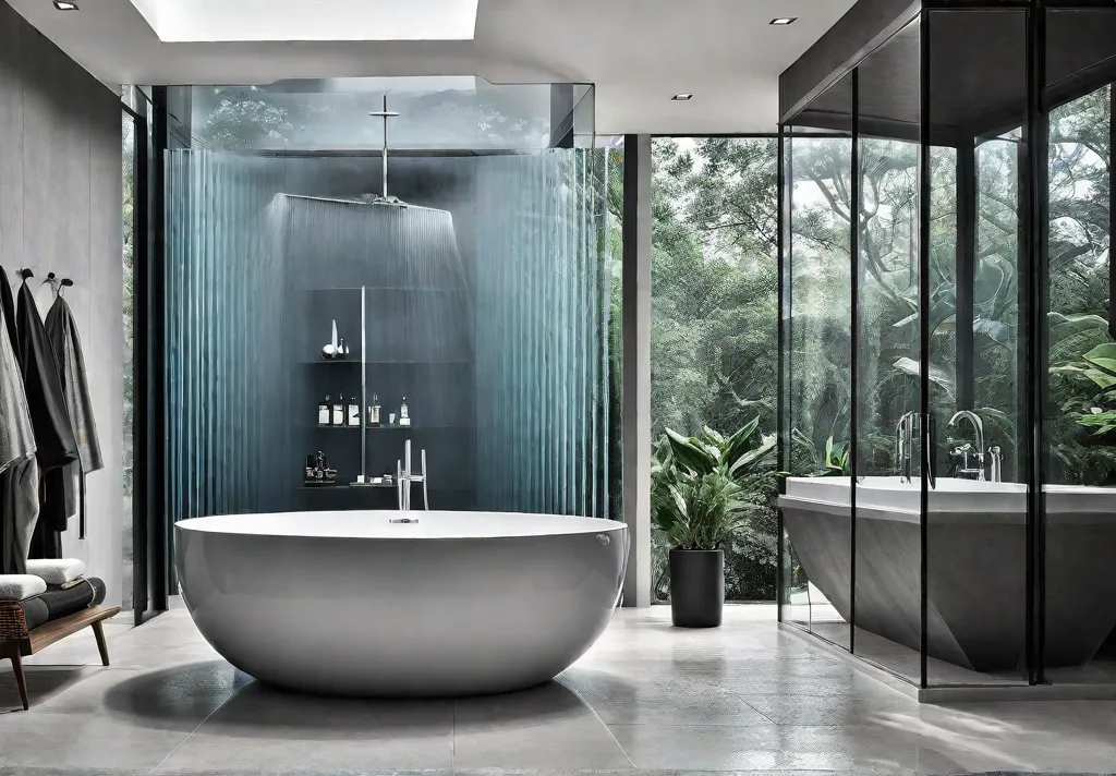 A spacious master bathroom with a modern glass shower enclosure featuring afeat