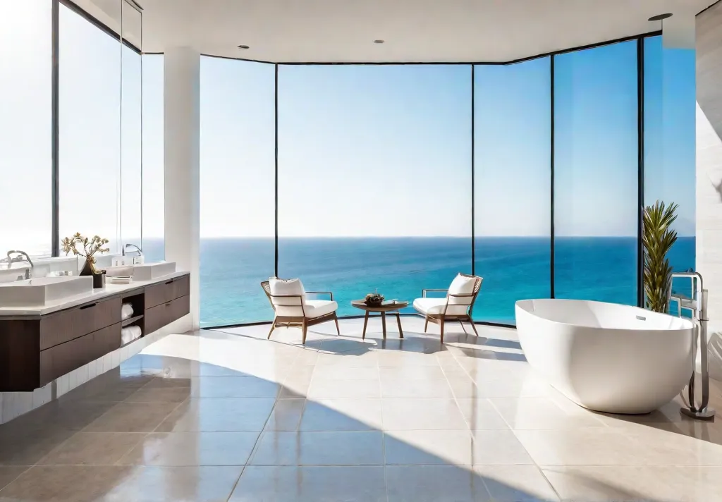 A sunlit coastal bathroom with large windows overlooking the ocean featuring lightcoloredfeat