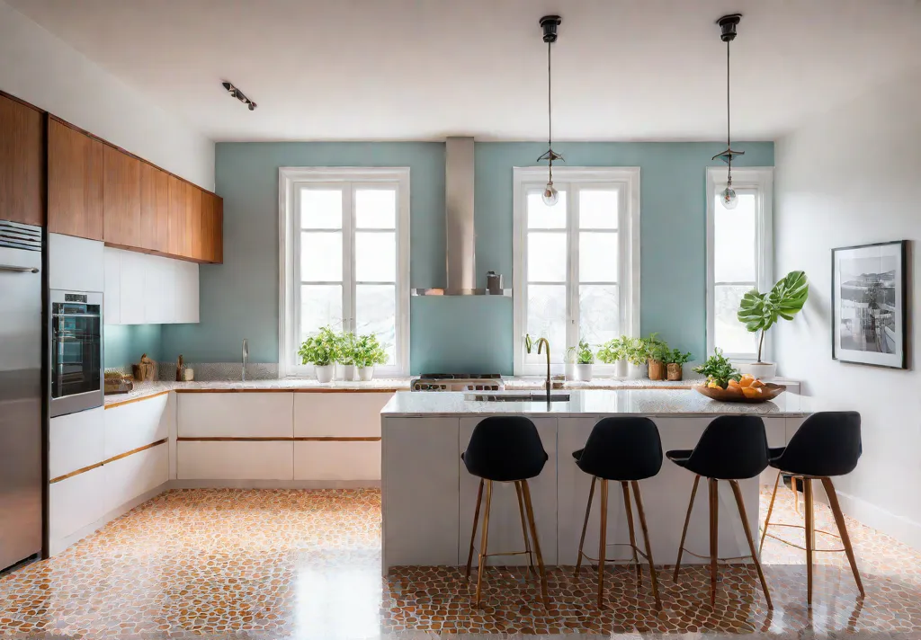 A sunlit kitchen featuring a terrazzo floor with large colorful chips creatingfeat