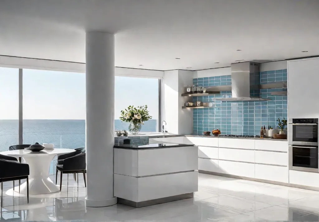 A sunlit kitchen featuring glossy white tile flooring reflecting the light fromfeat