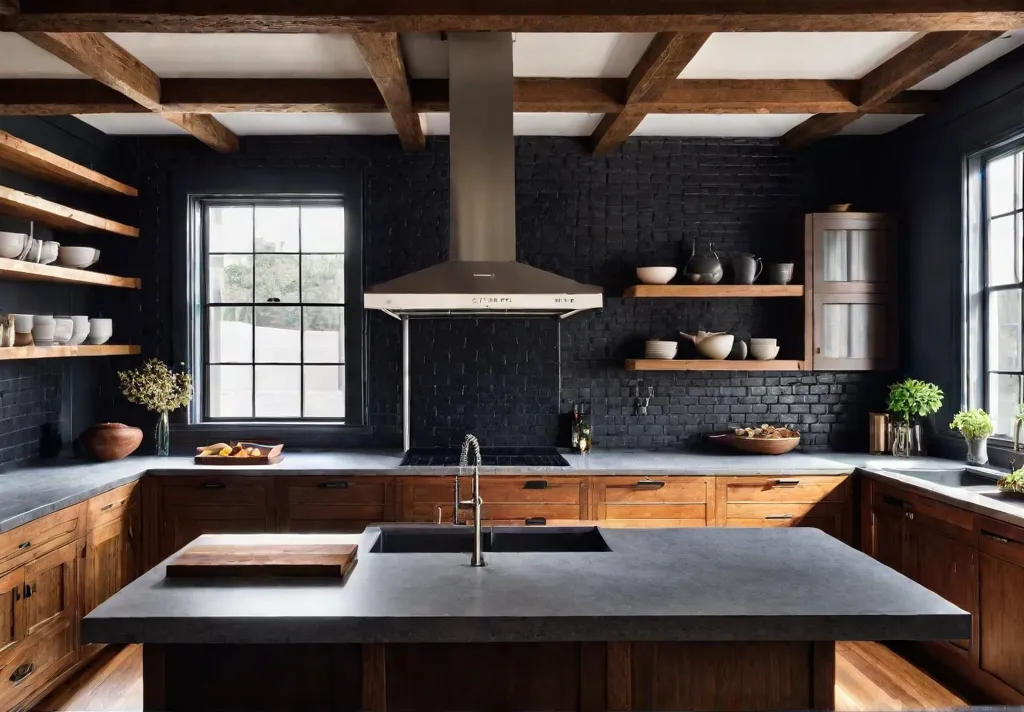 A sunlit kitchen with exposed brick walls wooden ceiling beams and afeat