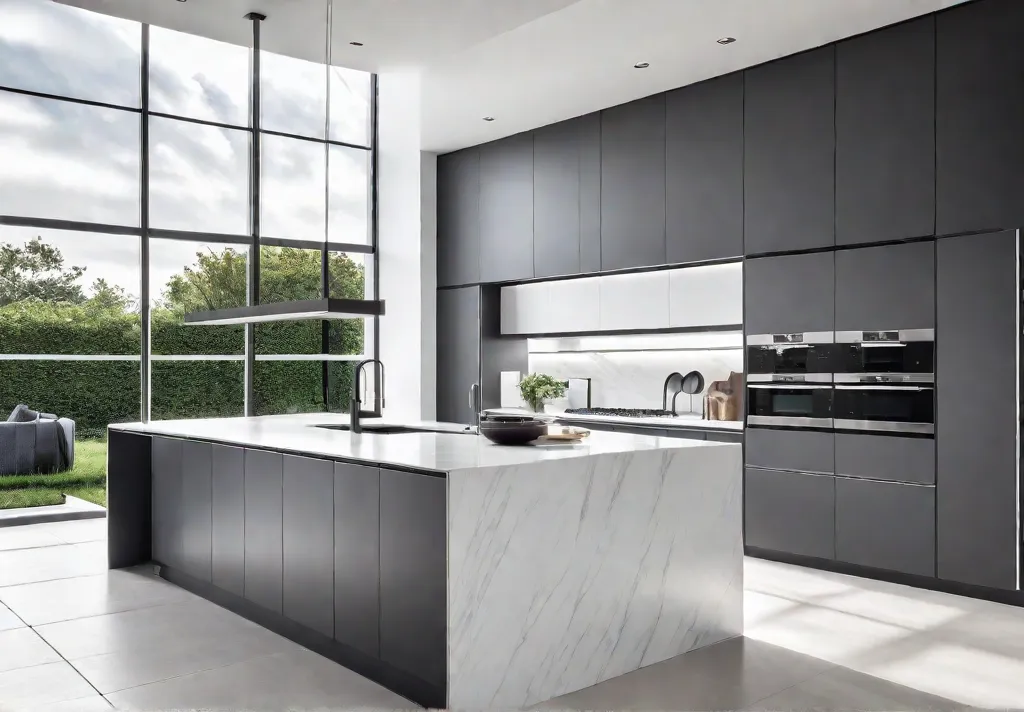 A sunlit kitchen with large windows featuring sleek white porcelain tile flooringfeat