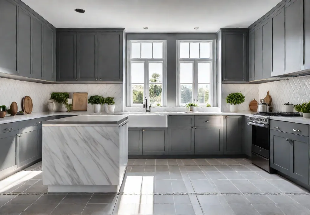 A sunlit kitchen with large windows featuring textured ceramic floor tiles infeat