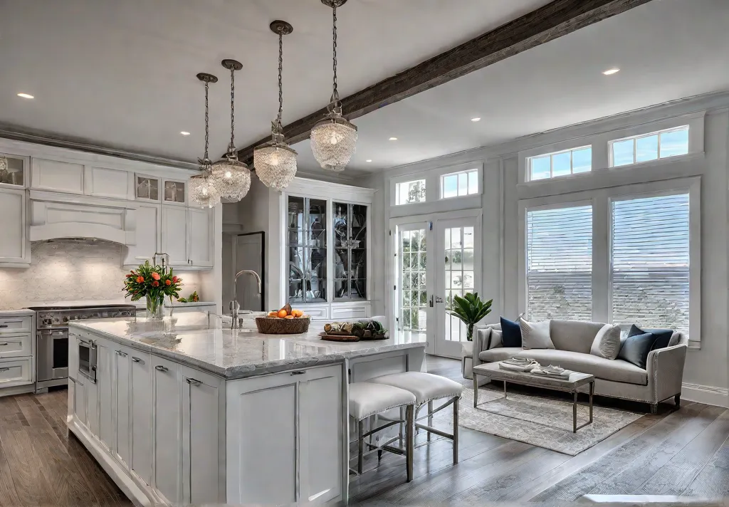 A sunlit kitchen with white cabinets and granite countertops featuring a largefeat