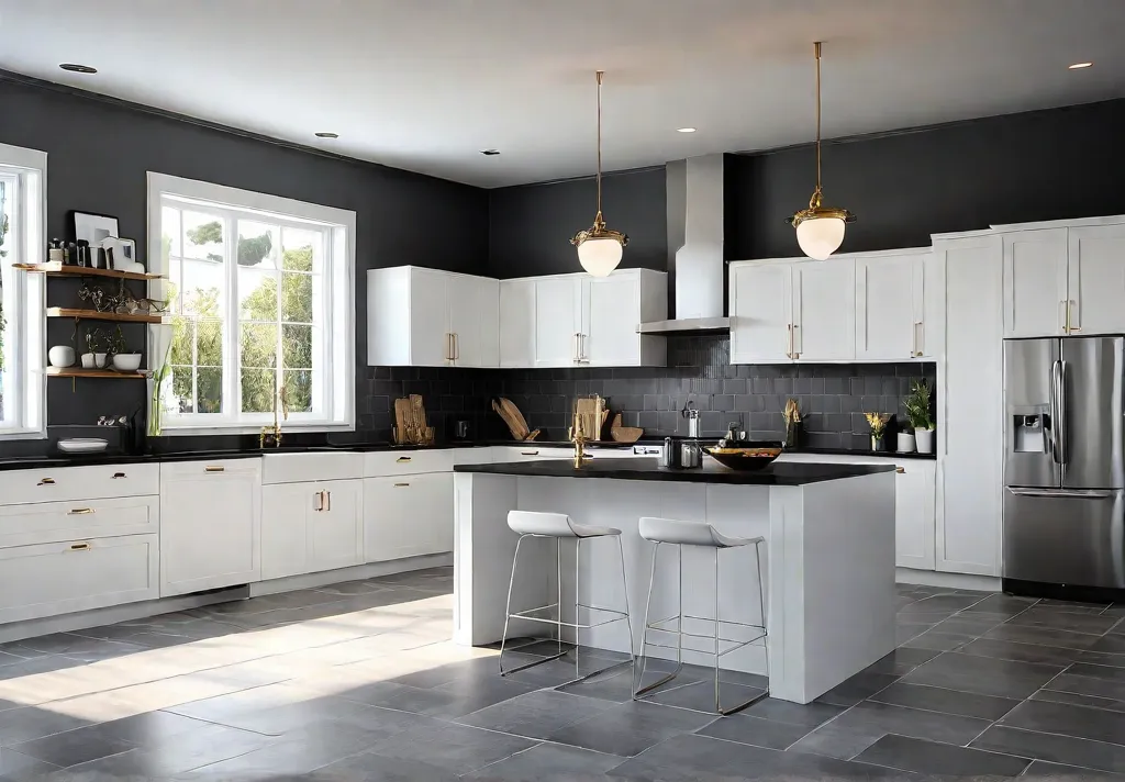 A sunlit kitchen with white shaker cabinets black granite countertops and largefeat