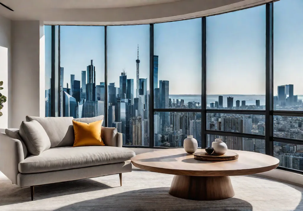 A sunlit minimalist living room with a light gray sofa a roundfeat