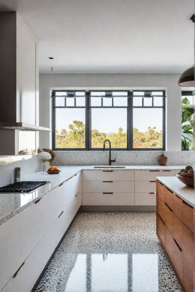 A bright kitchen with terrazzo flooring and white marble countertops