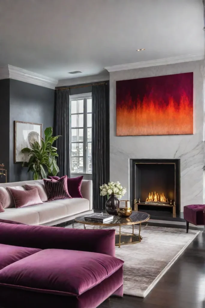 Abstract art and metallic accents complementing a modern fireplace