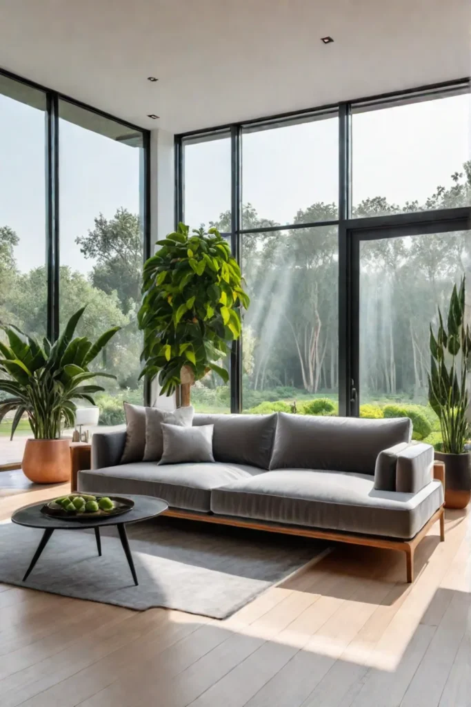 Airy minimalist living room with garden view gray velvet sofa and indoor