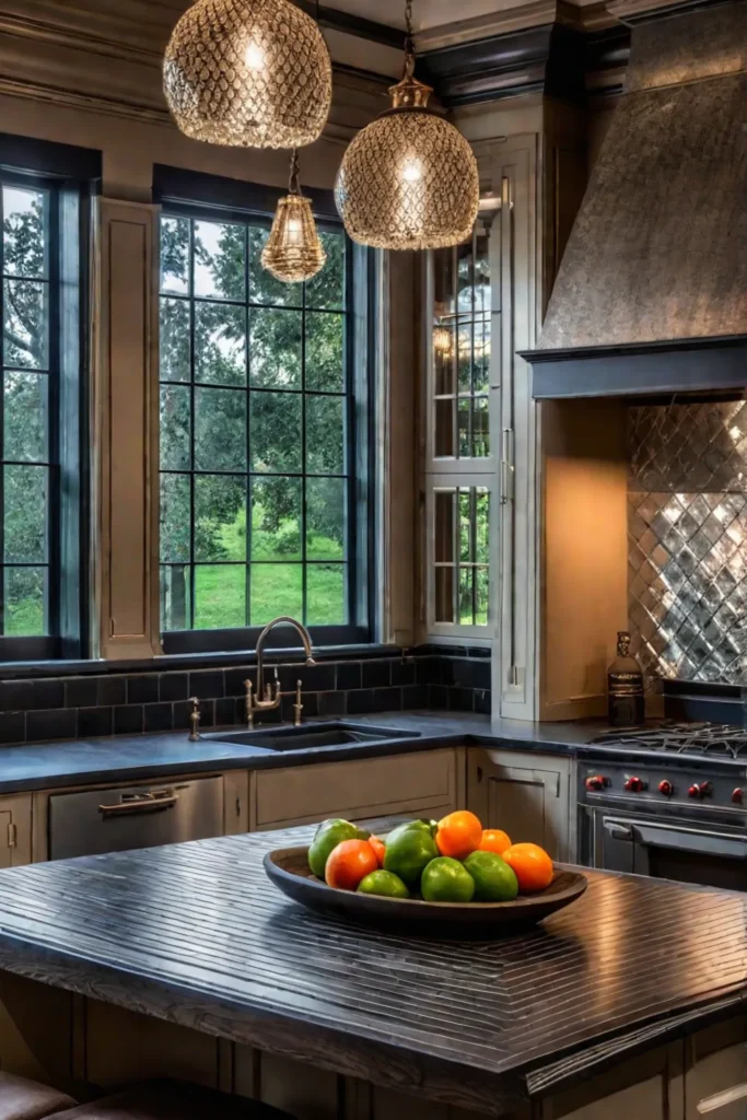 Antique mirror tile backsplash in a farmhouse kitchen with warm pendant lighting