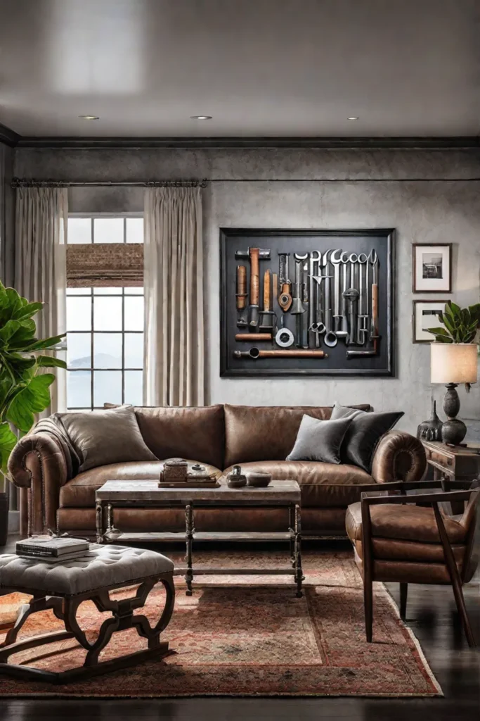 Antique industrial machinery as wall decor in a modern living room