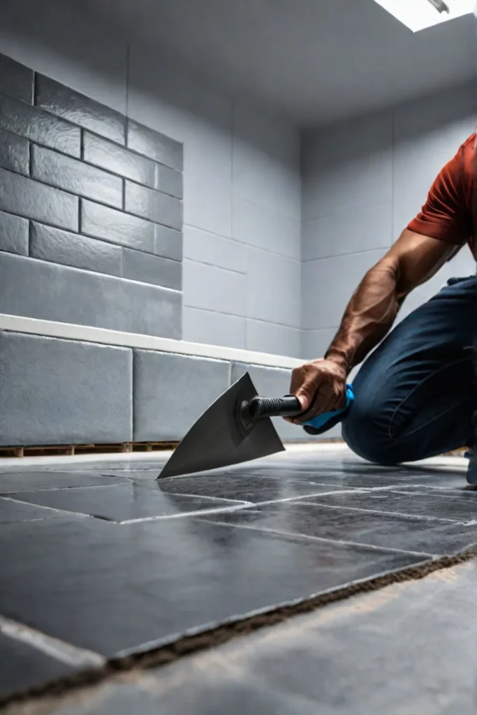 Applying thinset mortar for tile installation in a kitchen