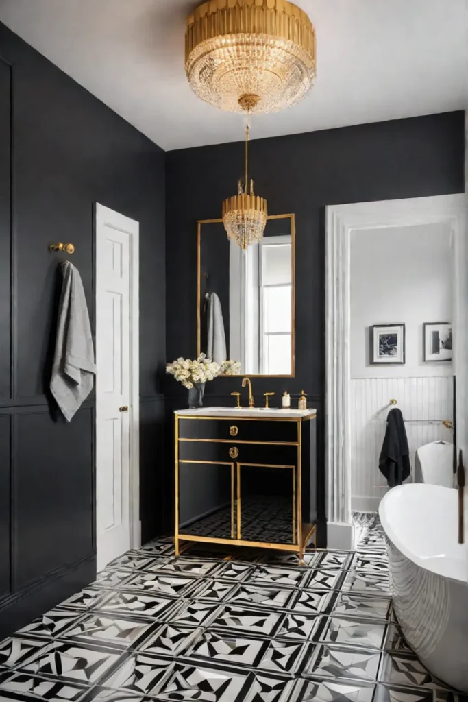 Art Deco bathroom with geometric patterns and gold accents