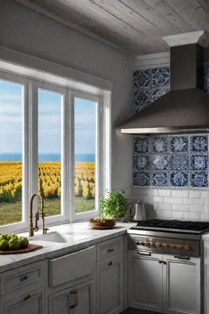 Artistic farmhouse kitchen with handpainted tile backsplash