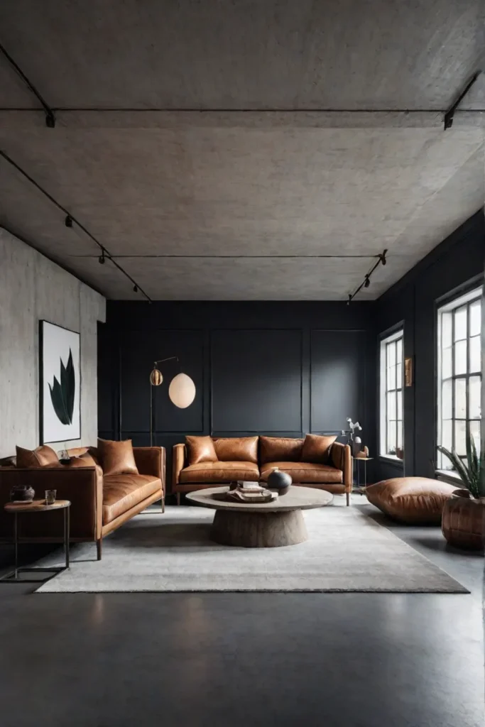 Balanced industrial living room with leather sofa and soft textures