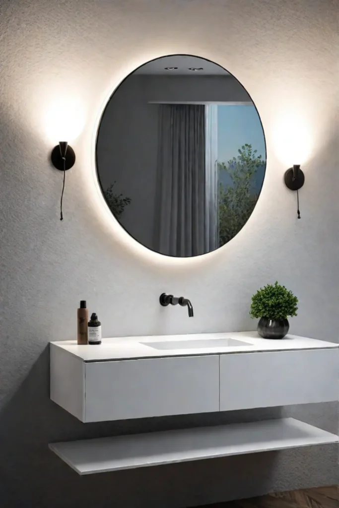 Bathroom mirror with builtin storage shelf