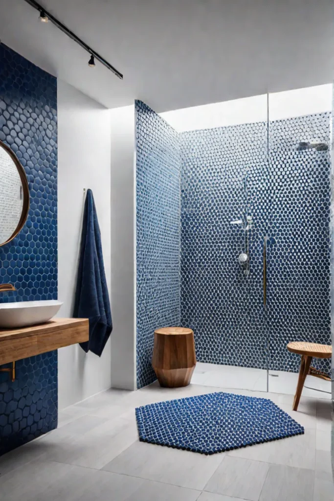 Bathroom with a cohesive design in white gray and blue