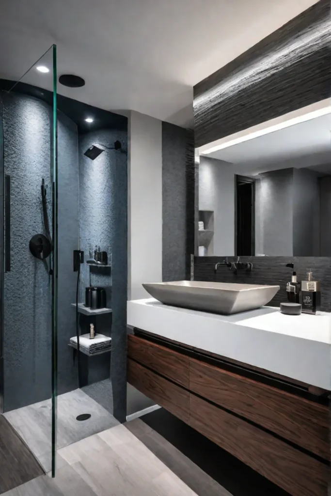 Bathroom with designerquality fixtures and waterfall faucet