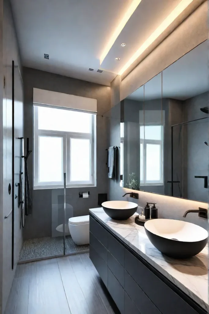 Bathroom design with dedicated makeup area and ample counter space