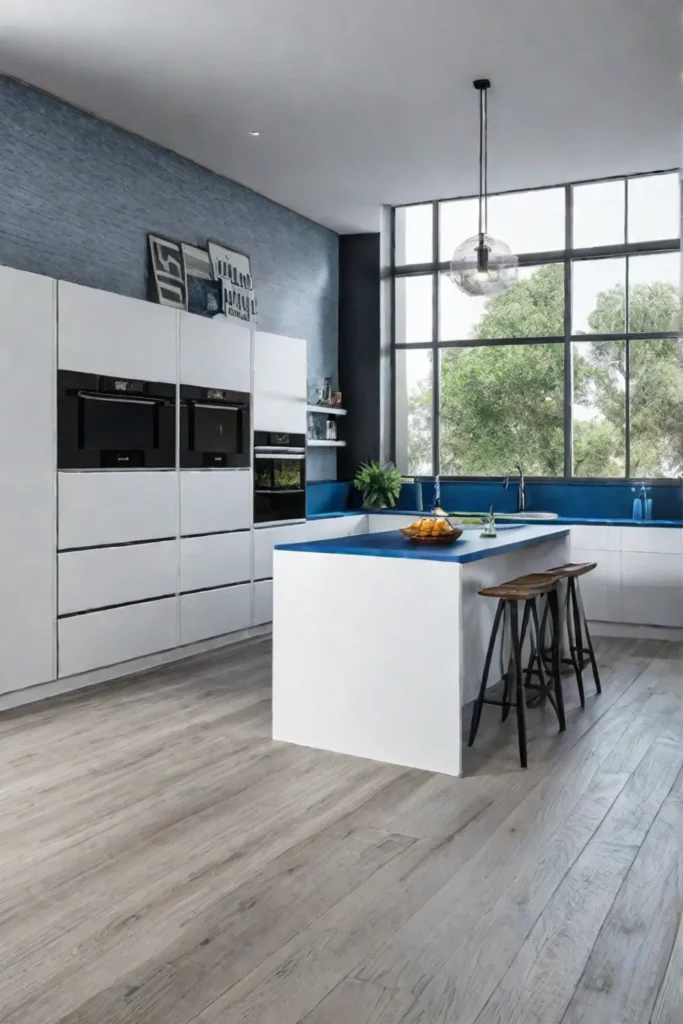 Beachstyle kitchen with light gray LVP flooring