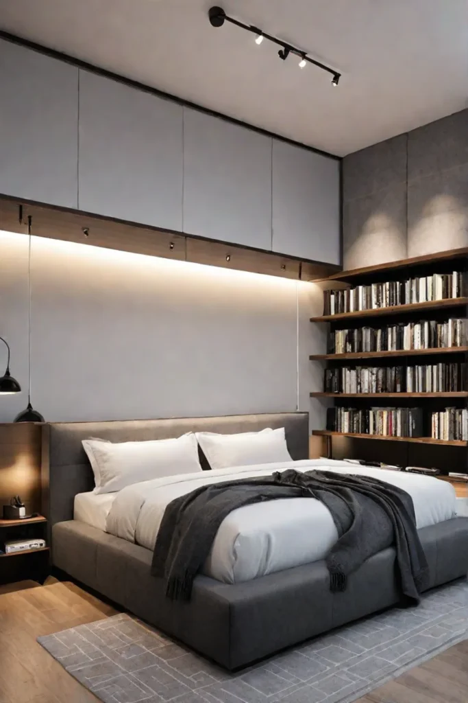 Bedroom with bookcase headboard