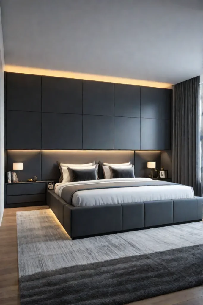 Bedroom with builtin headboard storage