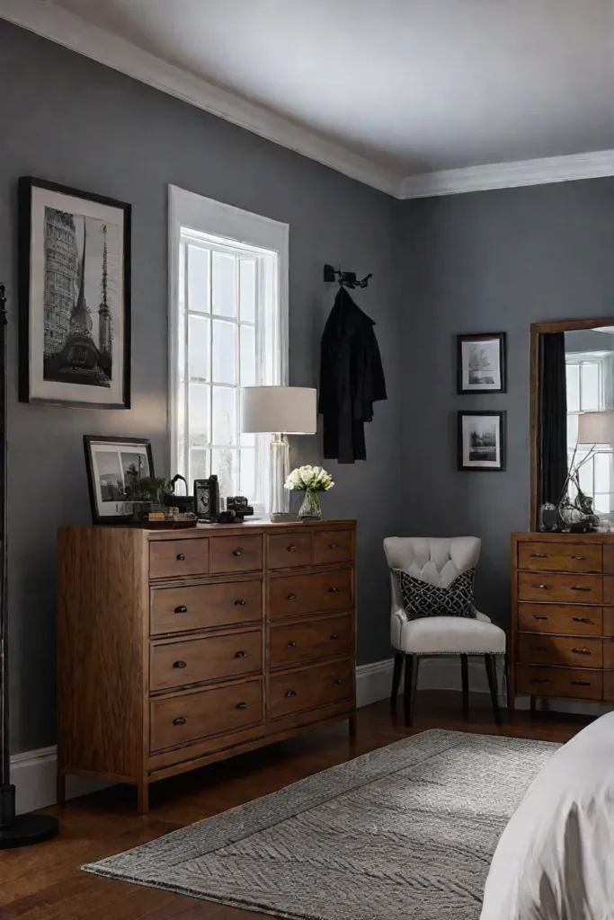 Bedroom with dresser and storage