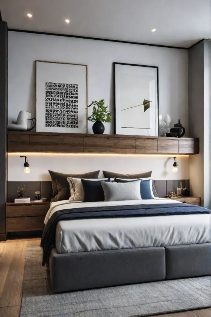 Bedroom with floating shelves and headboard storage