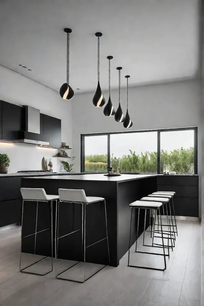 Black Kitchen with Pendant Lighting and Pendant Stools