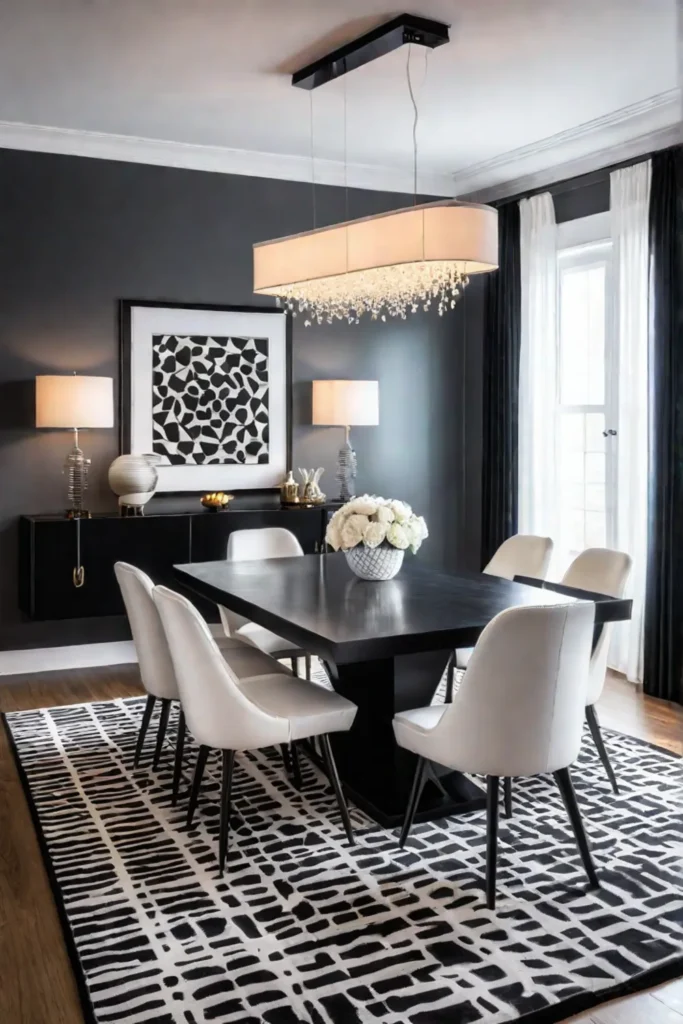 Black and white dining room with a modern farmhouse aesthetic