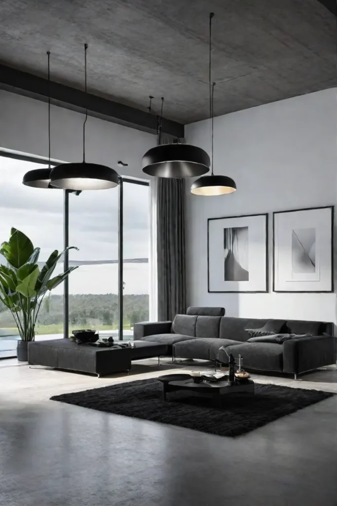 Black track lighting highlights a modern living room with minimalist furniture